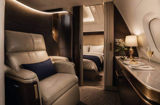 Luxury first class private suite with a separate bed and fine dining