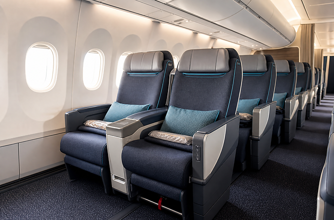 Bright premium economy cabin with wide seats and extra legroom